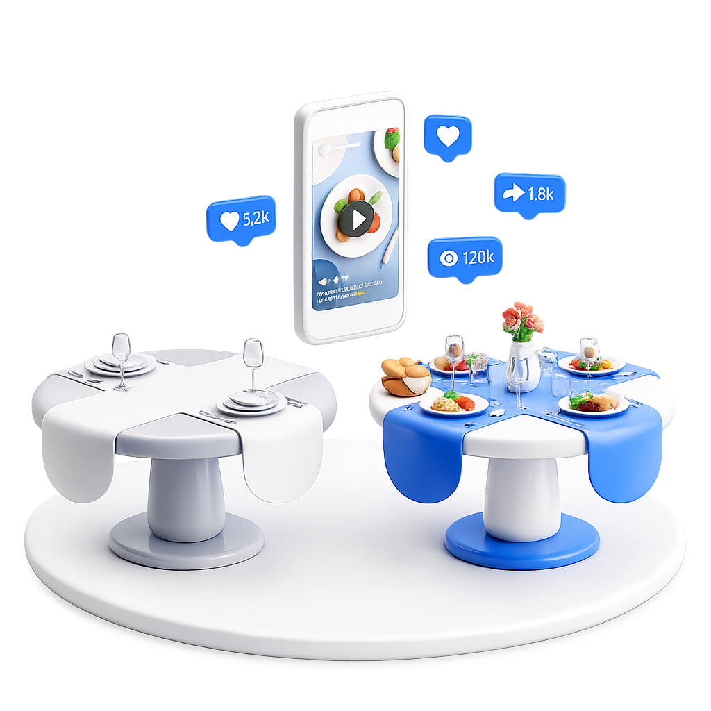 A table with a comped meal next to a phone showing a finished video with likes, shares and views climbing