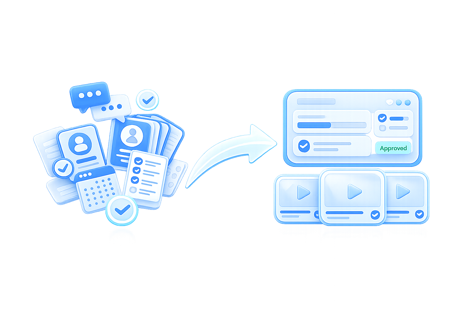A pile of DMs, ID cards and calendar requests turning into one clean dashboard of checked, finished videos