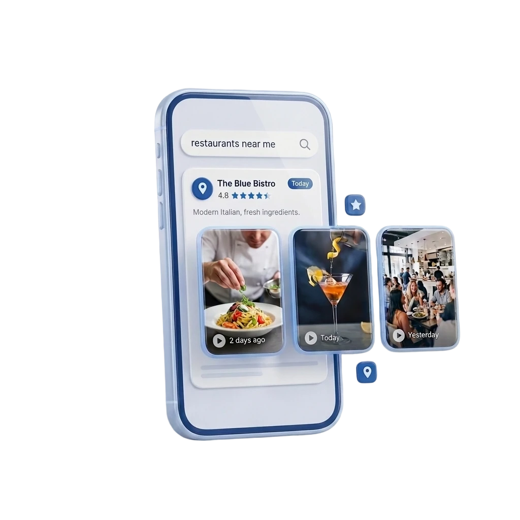 A phone search for restaurants near me showing a venue with a rating and recent videos from the last few days